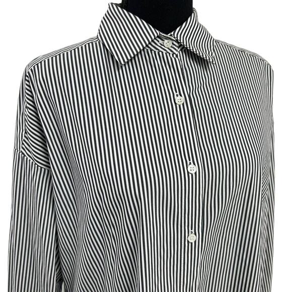 J. McLaughlin Grey White Striped Long Sleeve Button Down Top Medium - Picture 2 of 5